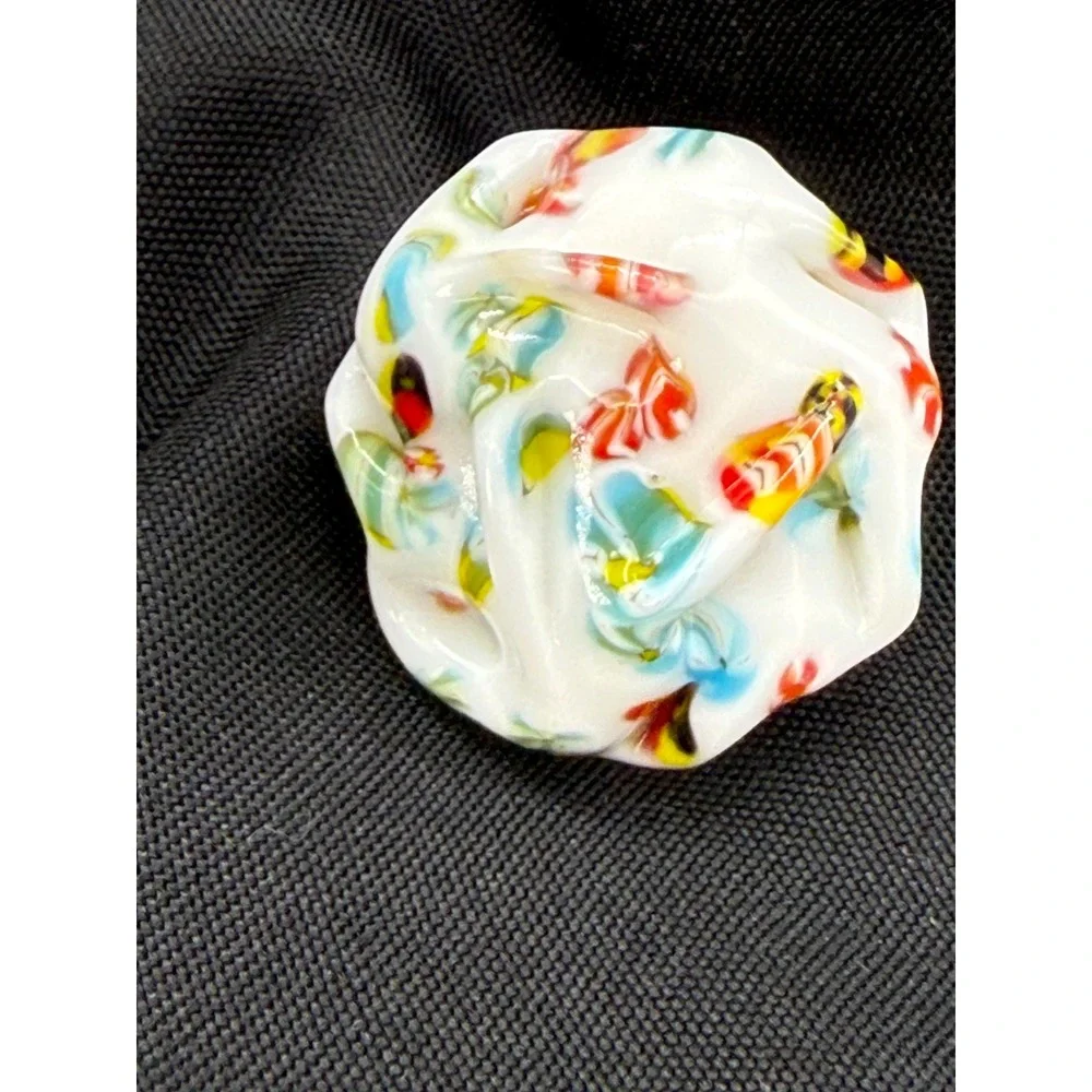 Vintage Japan Milk Glass Confetti Millefiori Clip On Earrings Multi Color White